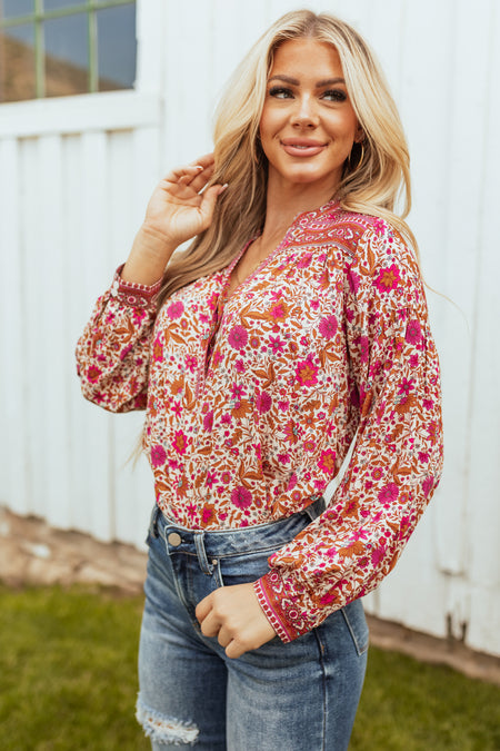 Raspberry Floral Print V Neck Long Sleeve Top