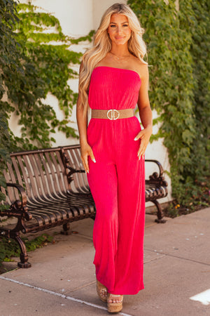 Raspberry Plisse Strapless Belted Jumpsuit