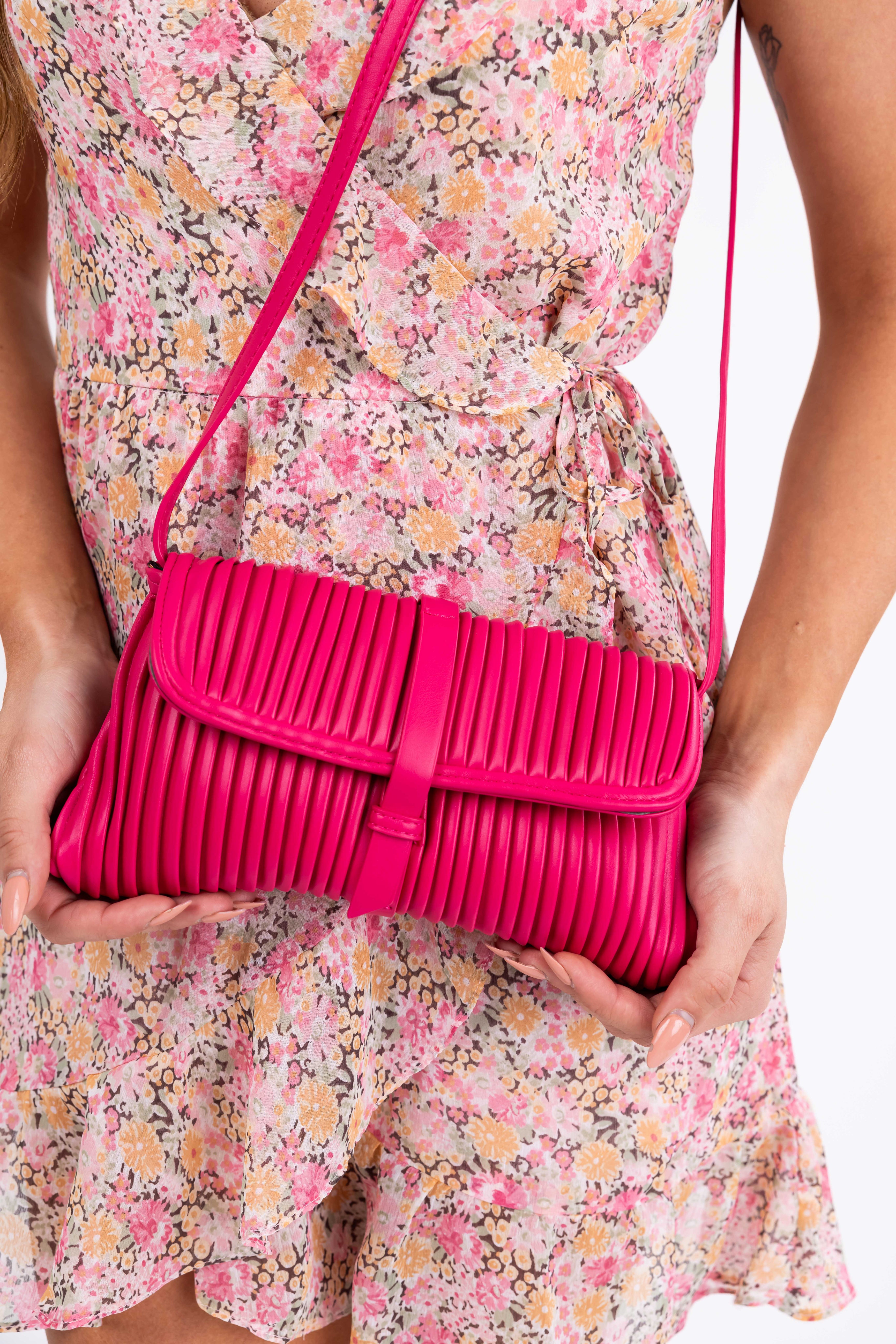 Raspberry Ribbed Faux Leather Handbag