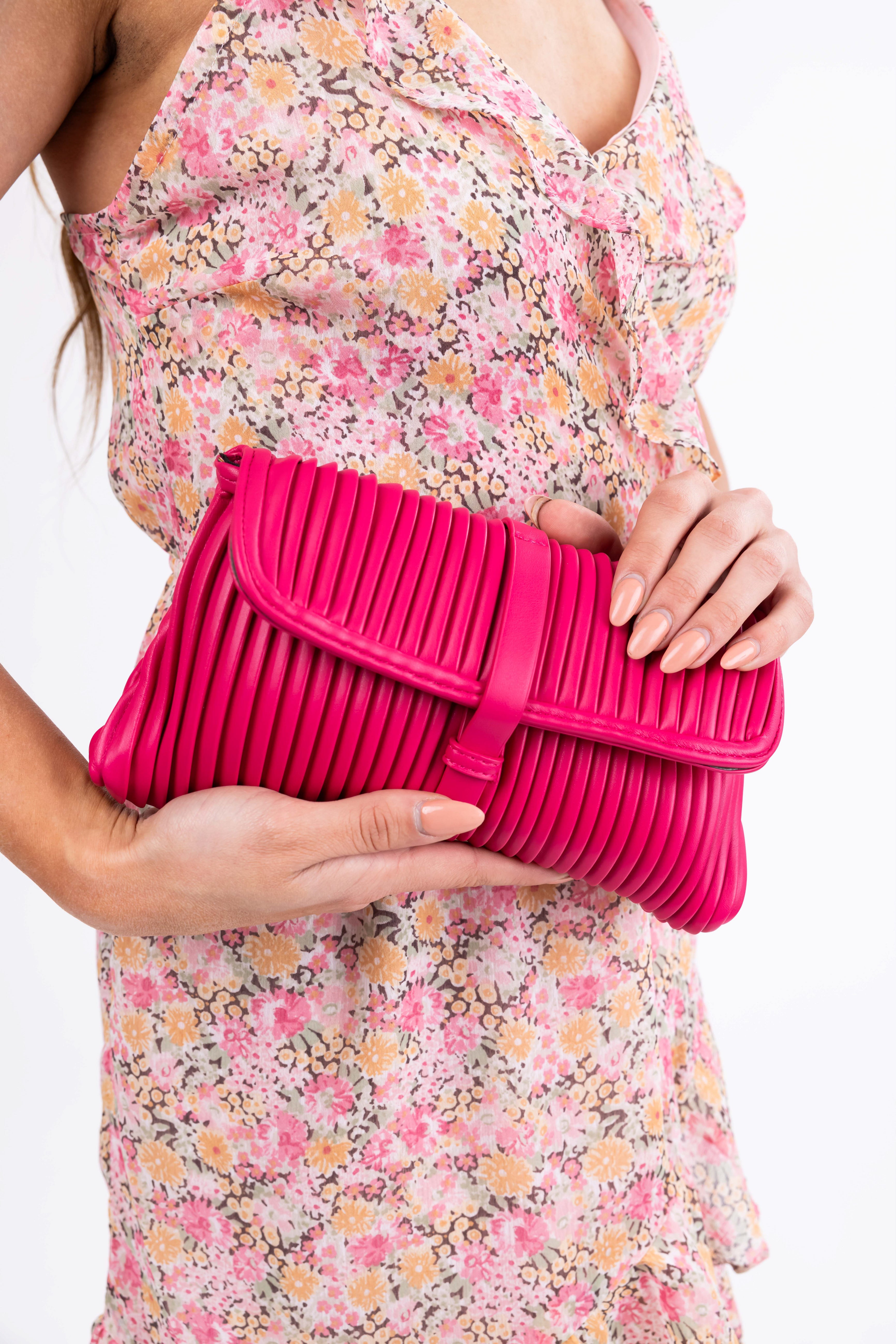 Raspberry Ribbed Faux Leather Handbag