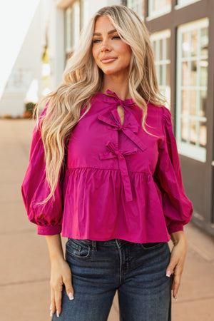 Raspberry Tie Front Peplum Fit 3/4 Sleeve Top