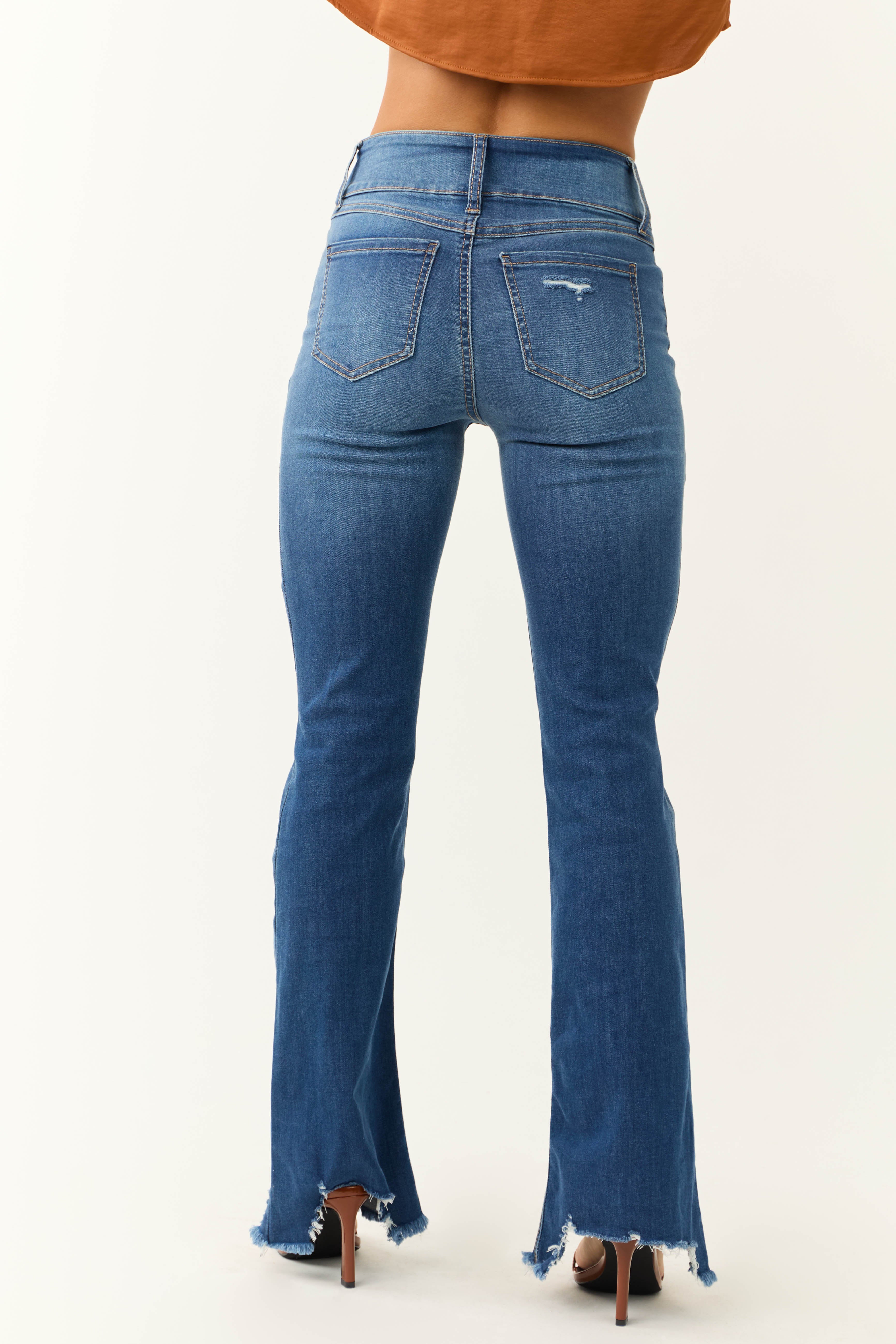 Rewash Medium Wash Fit and Flare Torn Hem Jeans