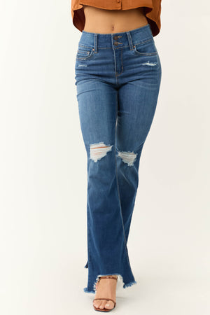 Rewash Medium Wash Fit and Flare Torn Hem Jeans