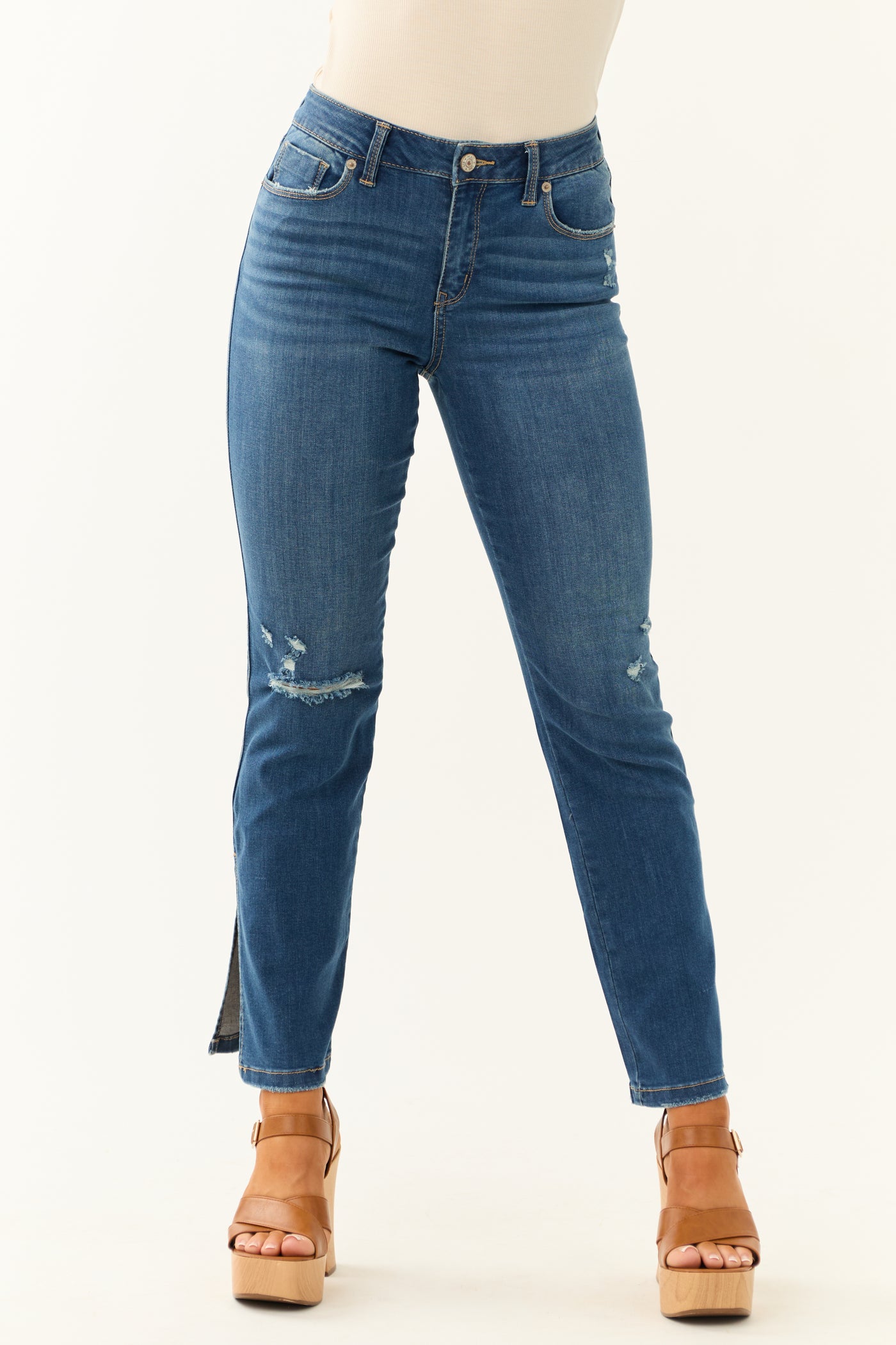 Rewash Mid Wash Lightly Distressed Split Hem Jeans