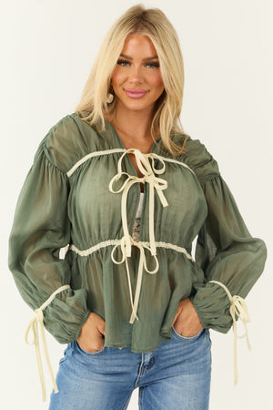 Rich Olive Contrast Tie Front Long Sleeve Blouse