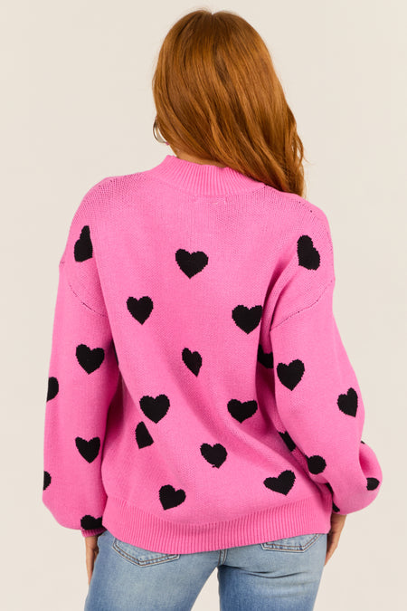 Rich Pink Bubble Sleeve Heart Sweater