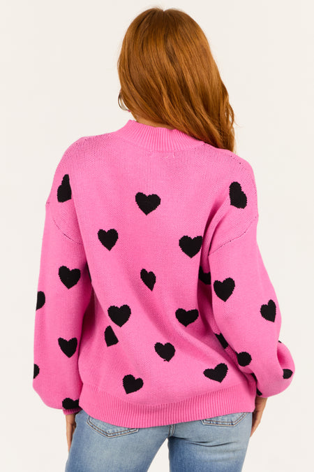 Rich Pink Bubble Sleeve Heart Sweater