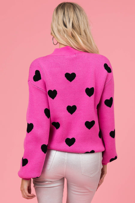 Rich Pink Bubble Sleeve Heart Sweater