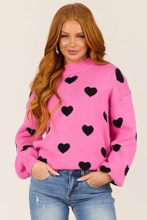 Rich Pink Bubble Sleeve Heart Sweater