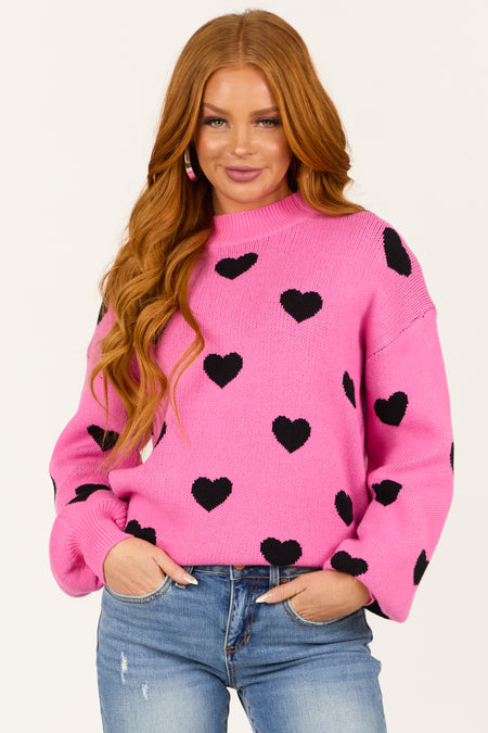 Rich Pink Bubble Sleeve Heart Sweater