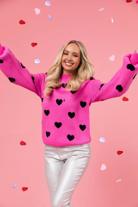 Rich Pink Bubble Sleeve Heart Sweater