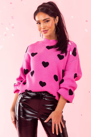 Rich Pink Bubble Sleeve Heart Sweater