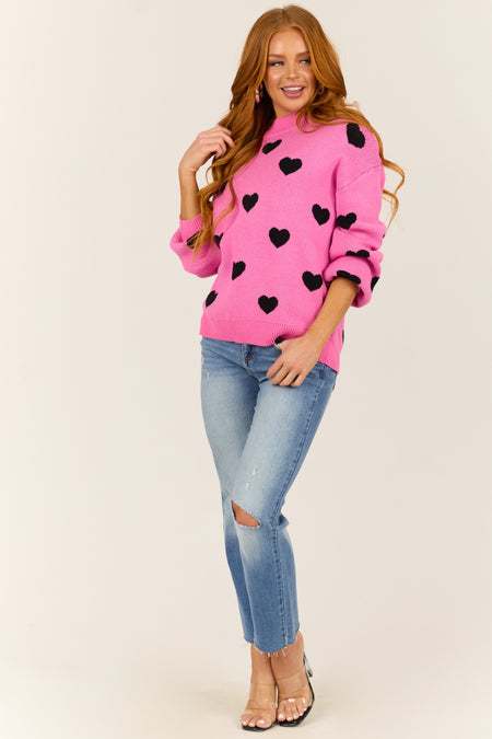 Rich Pink Bubble Sleeve Heart Sweater