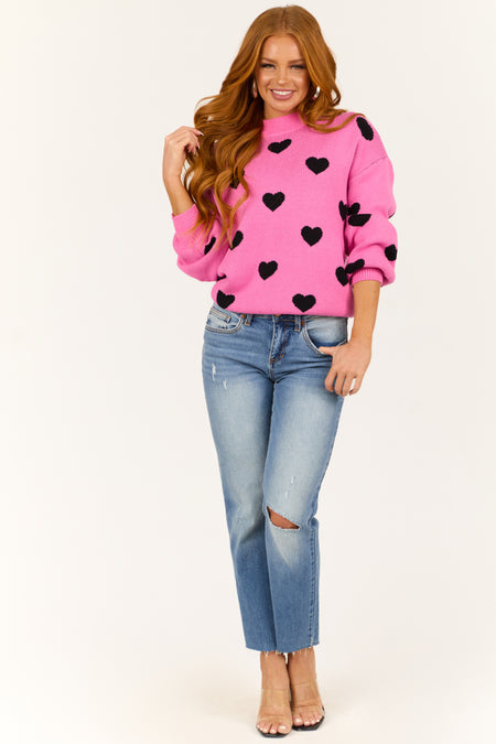 Rich Pink Bubble Sleeve Heart Sweater