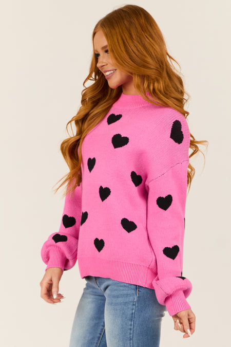 Rich Pink Bubble Sleeve Heart Sweater