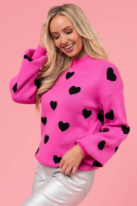 Rich Pink Bubble Sleeve Heart Sweater