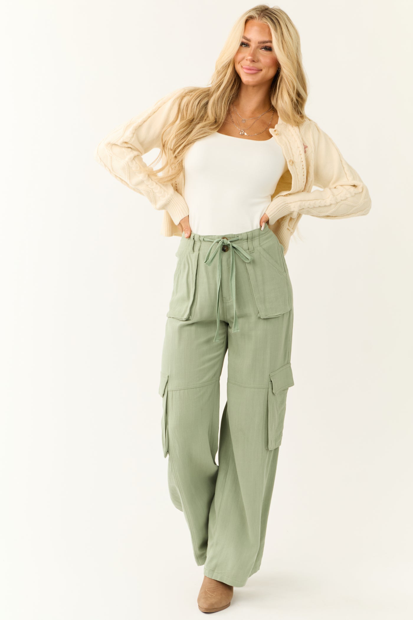 Rich Sage Relaxed Fit Wide Leg Cargo Pants