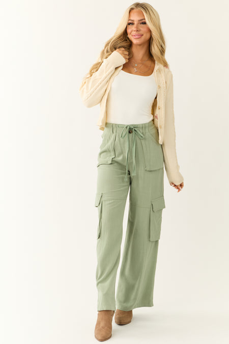 Rich Sage Relaxed Fit Wide Leg Cargo Pants