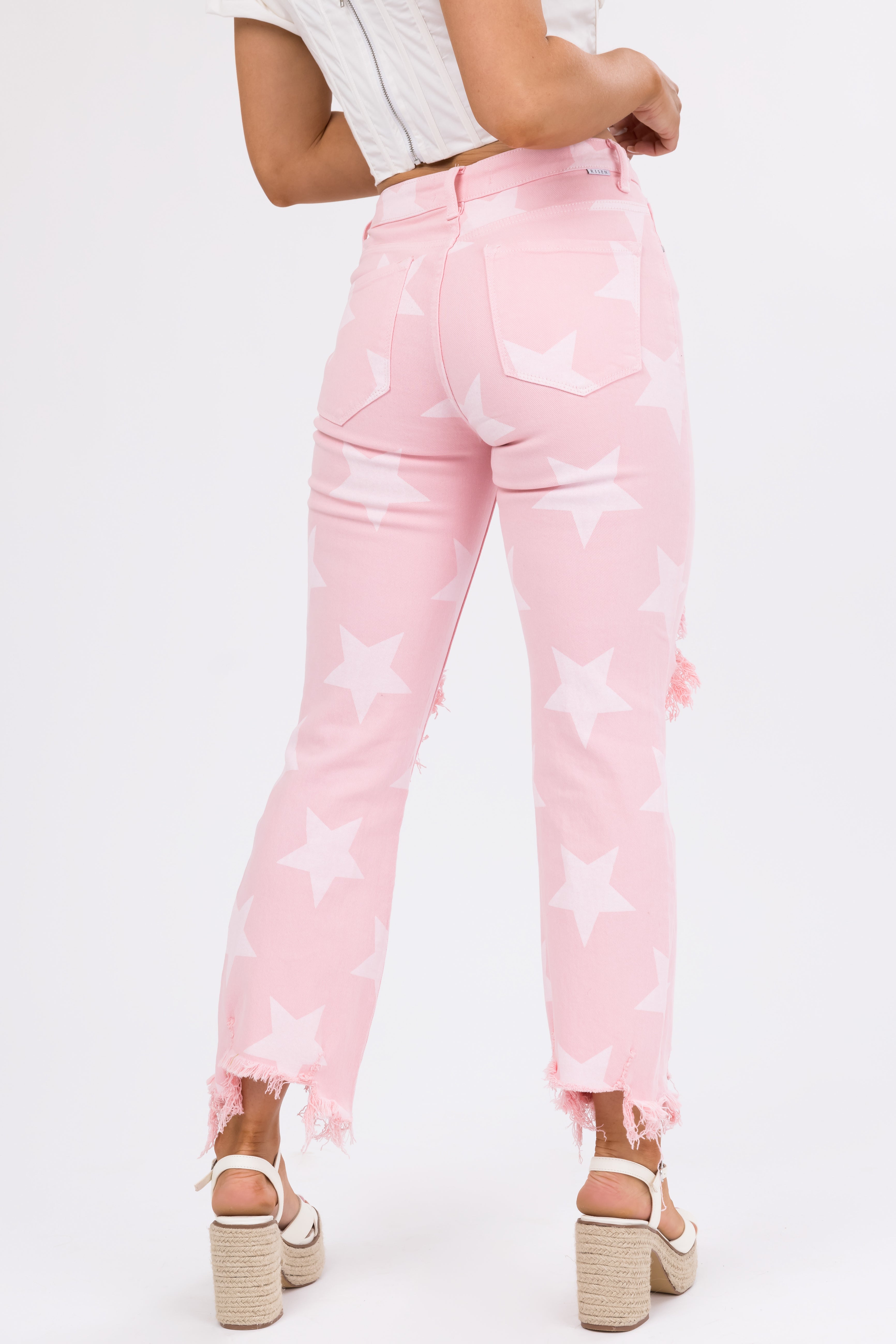 Risen Baby Pink Star Print High Rise Jeans