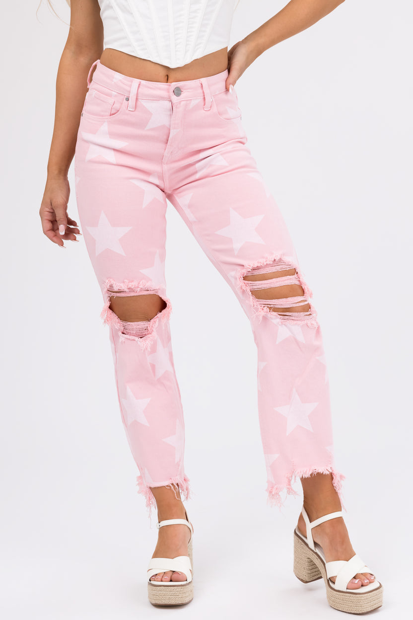 Risen Baby Pink Star Print High Rise Jeans