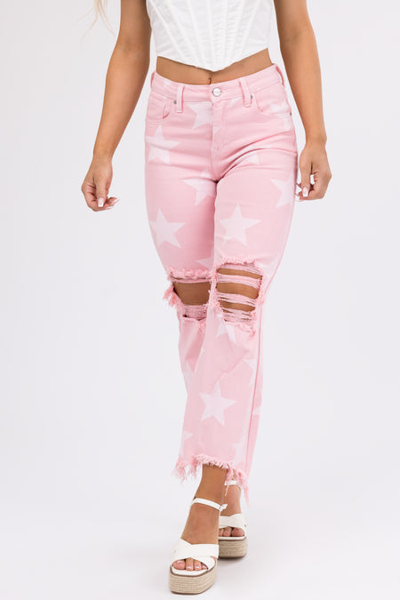 Risen Baby Pink Star Print High Rise Jeans