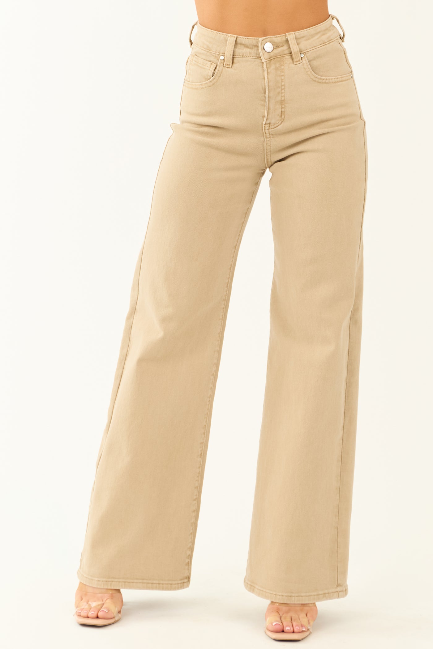 Risen Beige Tummy Control Wide Leg Stretchy Jeans