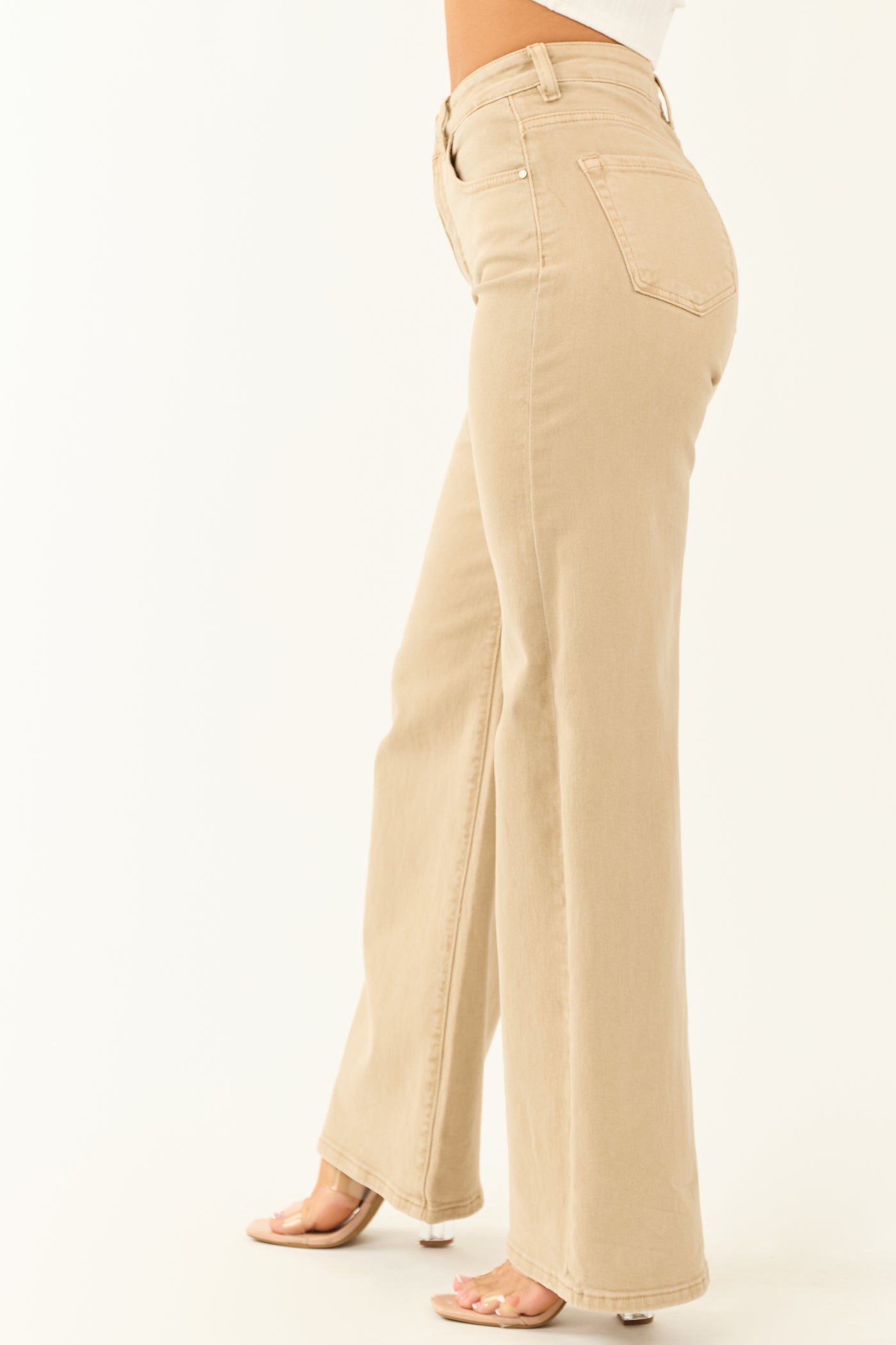 Risen Beige Tummy Control Wide Leg Stretchy Jeans