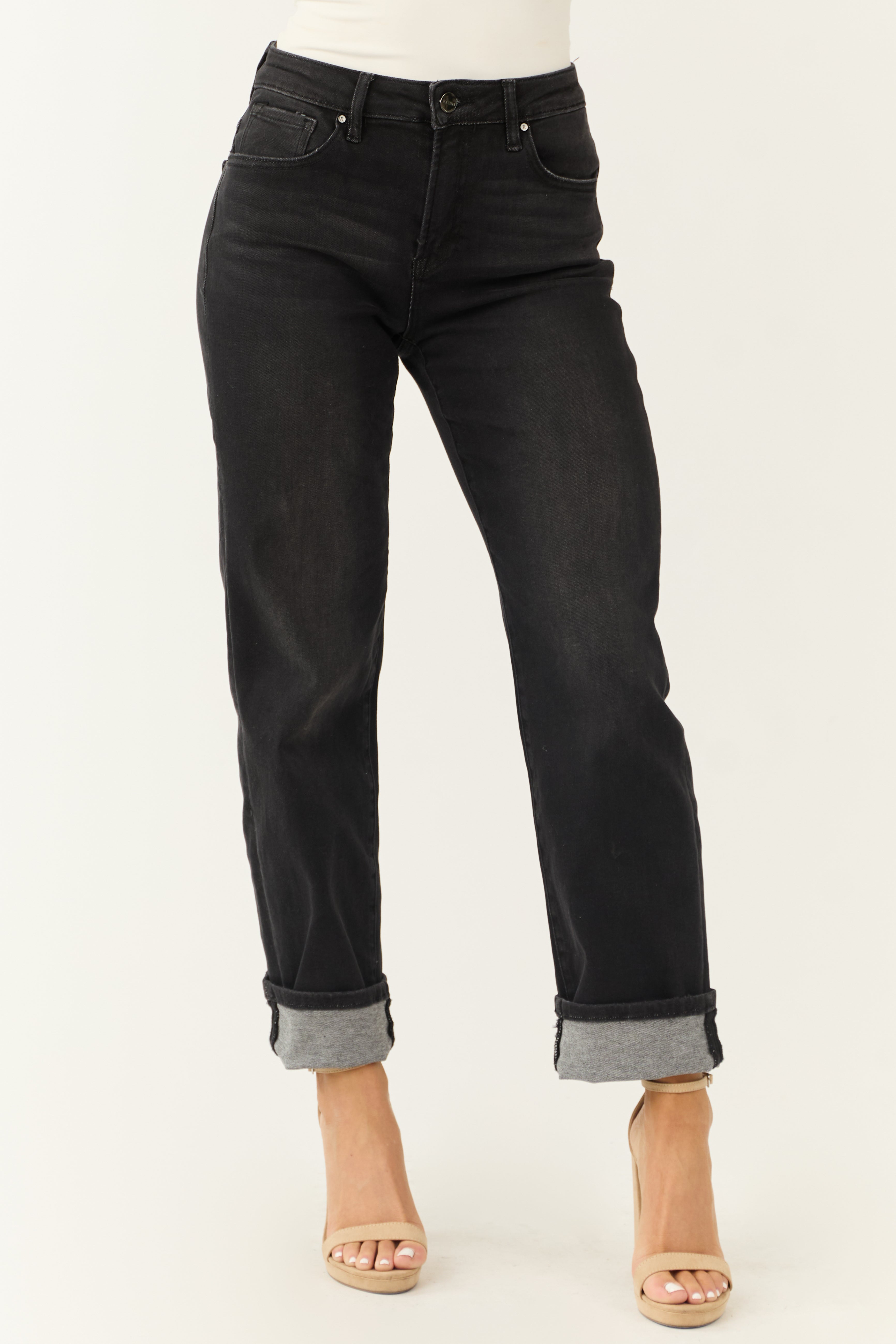 Risen Black Cuffed Cropped High Rise Boyfriend Jeans