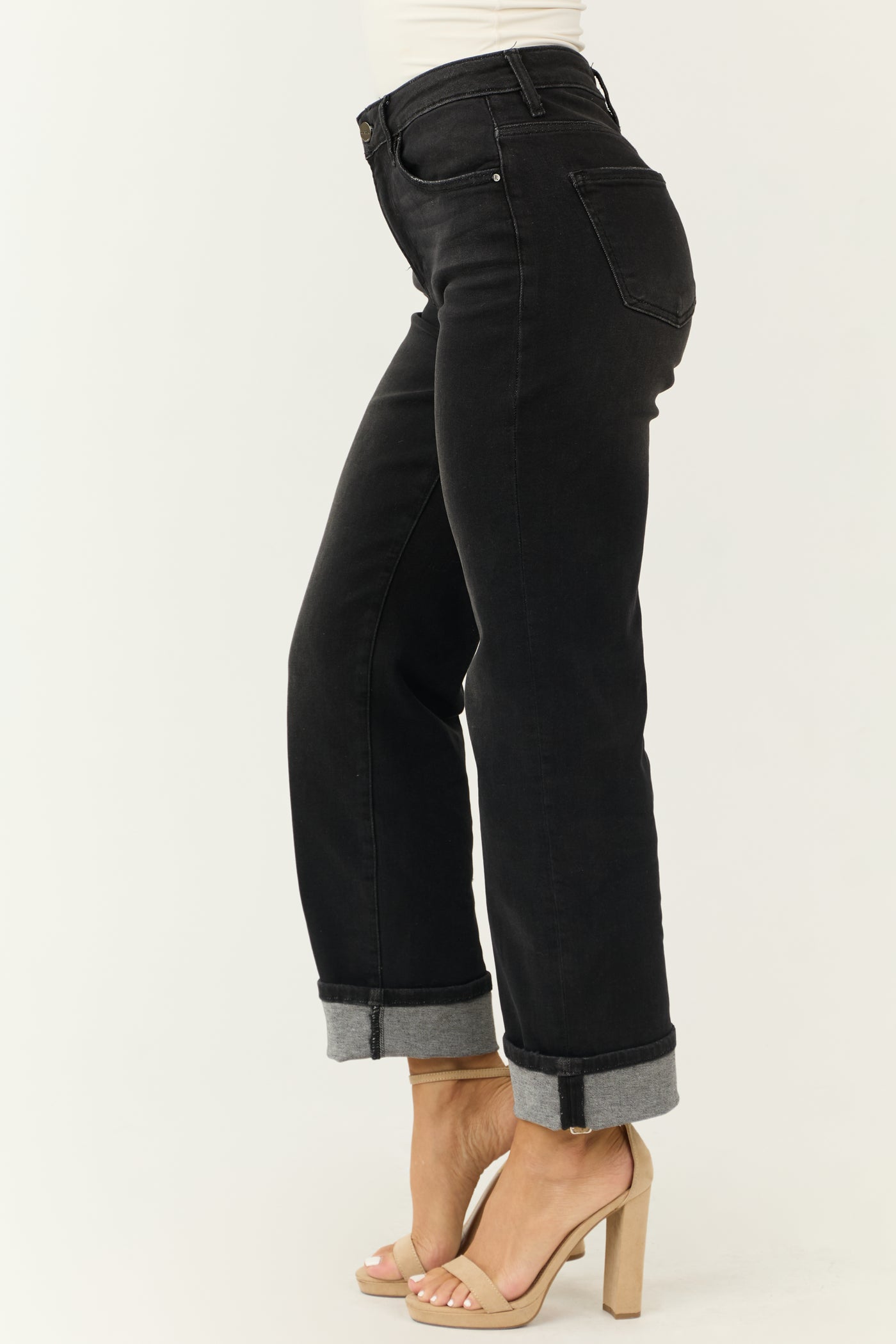 Risen Black Cuffed Cropped High Rise Boyfriend Jeans