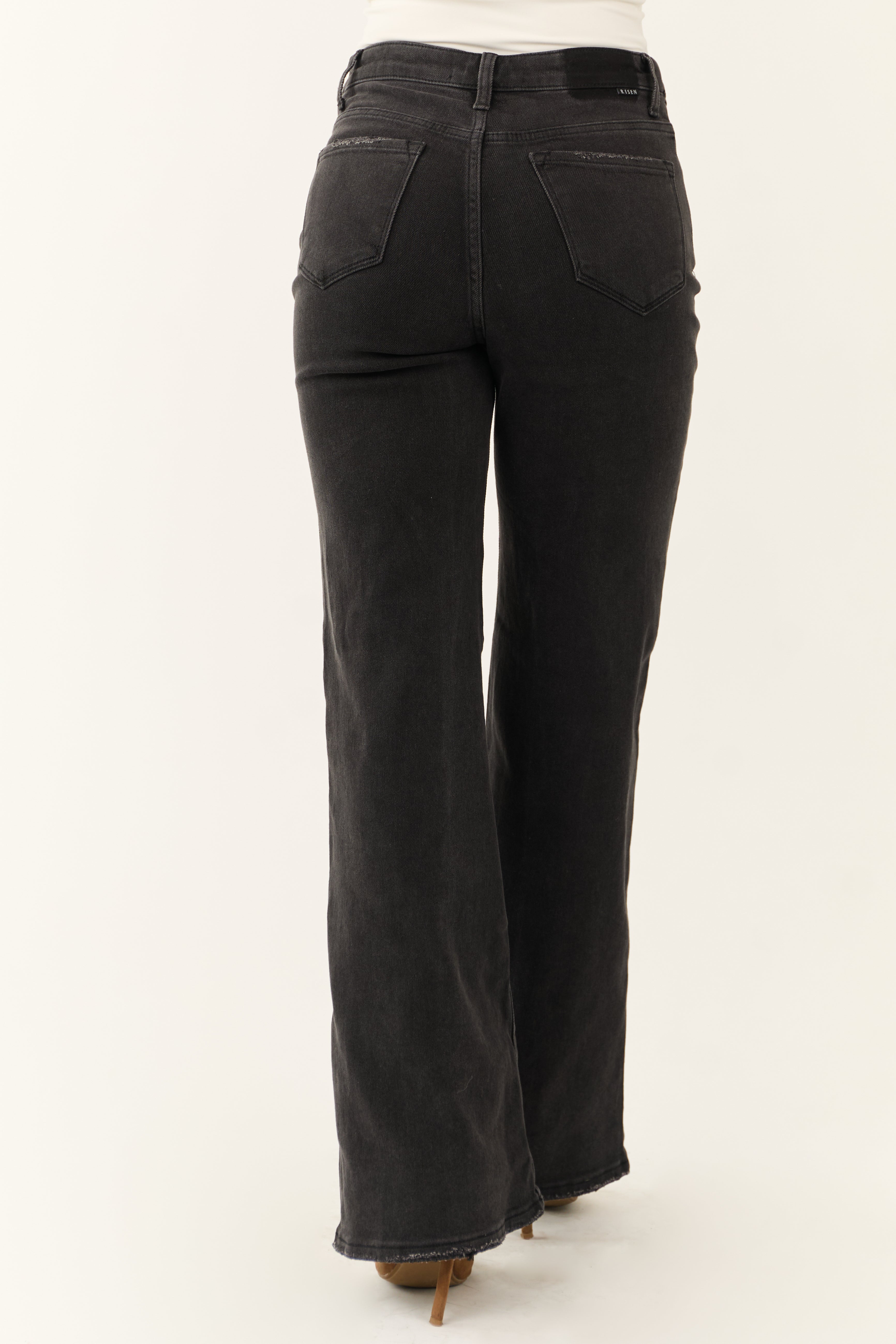 Risen Black Mid Rise Folded Waist Wide Leg Jeans