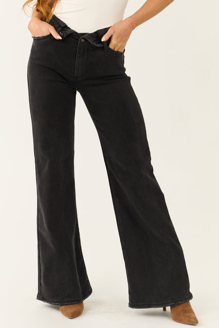 Risen Black Mid Rise Folded Waist Wide Leg Jeans