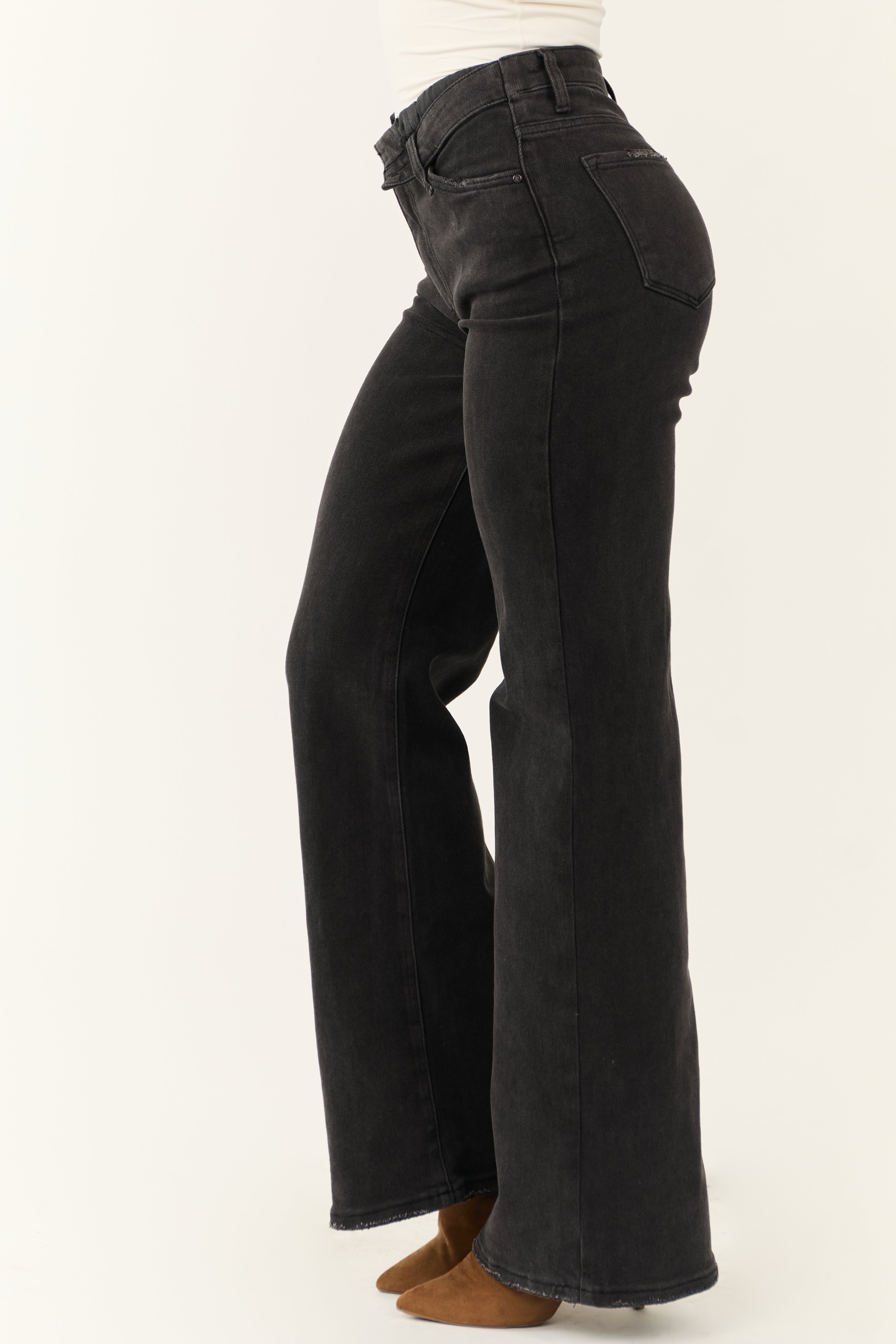 Risen Black Mid Rise Folded Waist Wide Leg Jeans