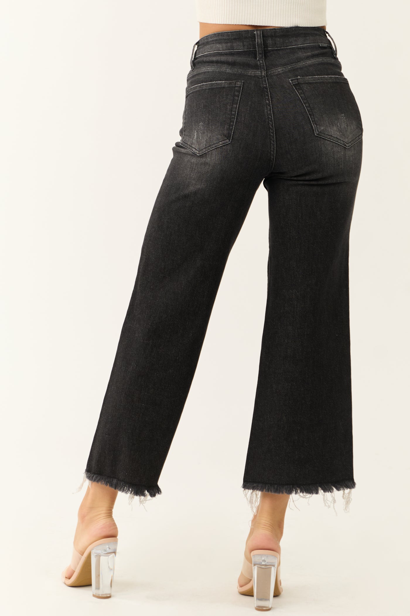 Risen Black Wide Leg Frayed Hem Cropped Jeans