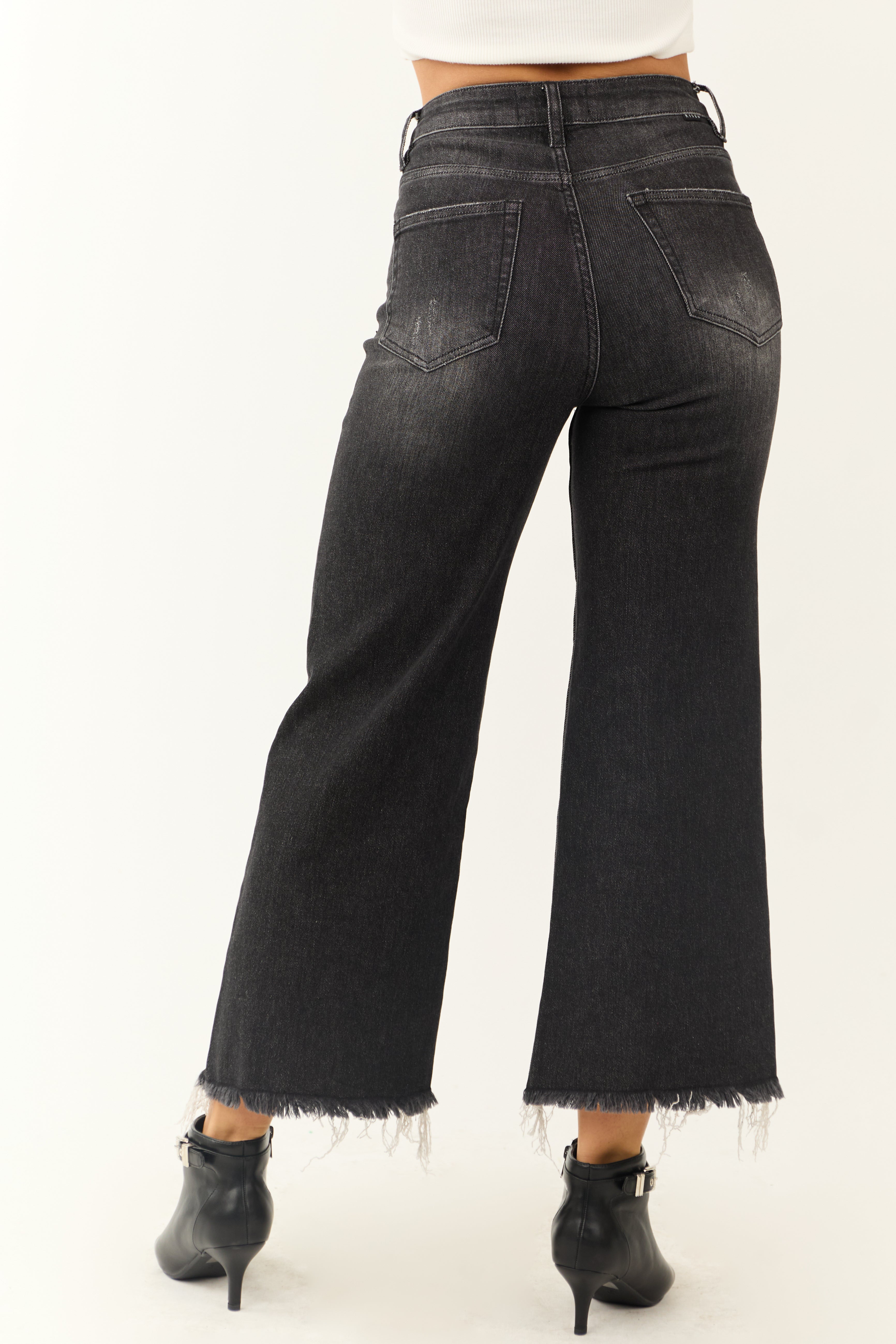 Risen Black Wide Leg Frayed Hem Cropped Jeans