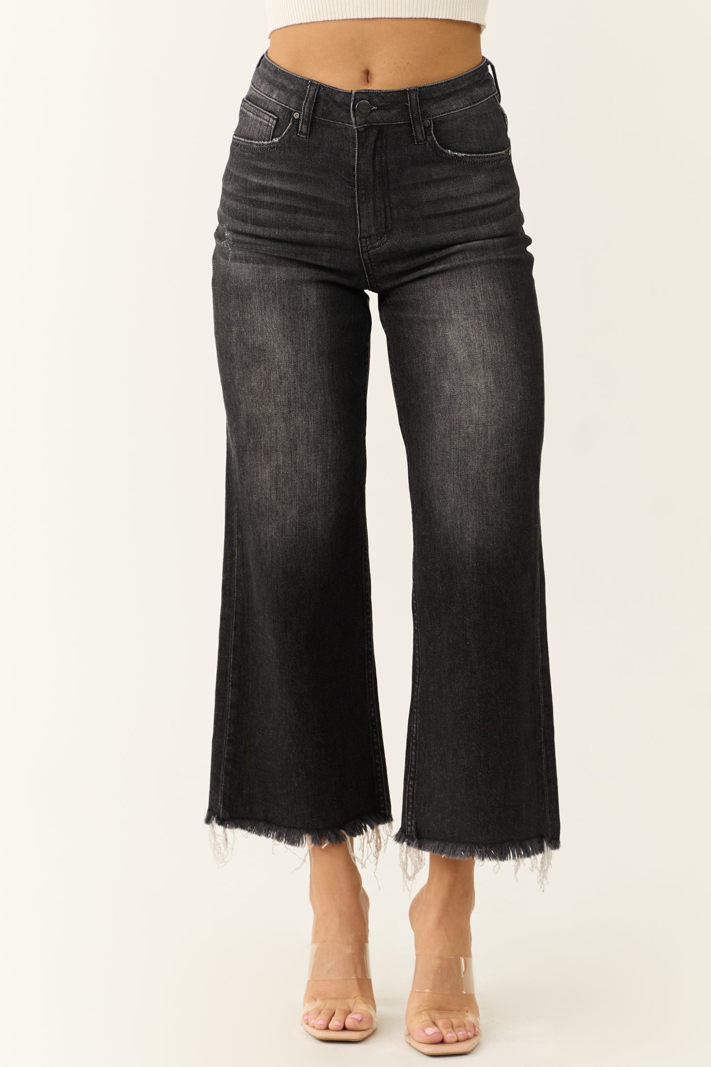 Risen Black Wide Leg Frayed Hem Cropped Jeans