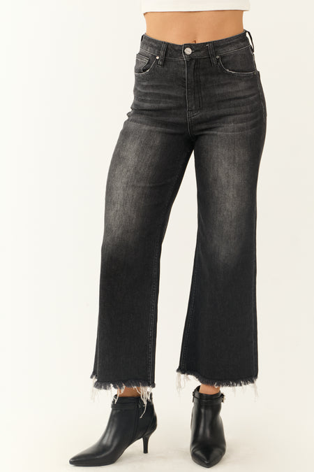 Risen Black Wide Leg Frayed Hem Cropped Jeans