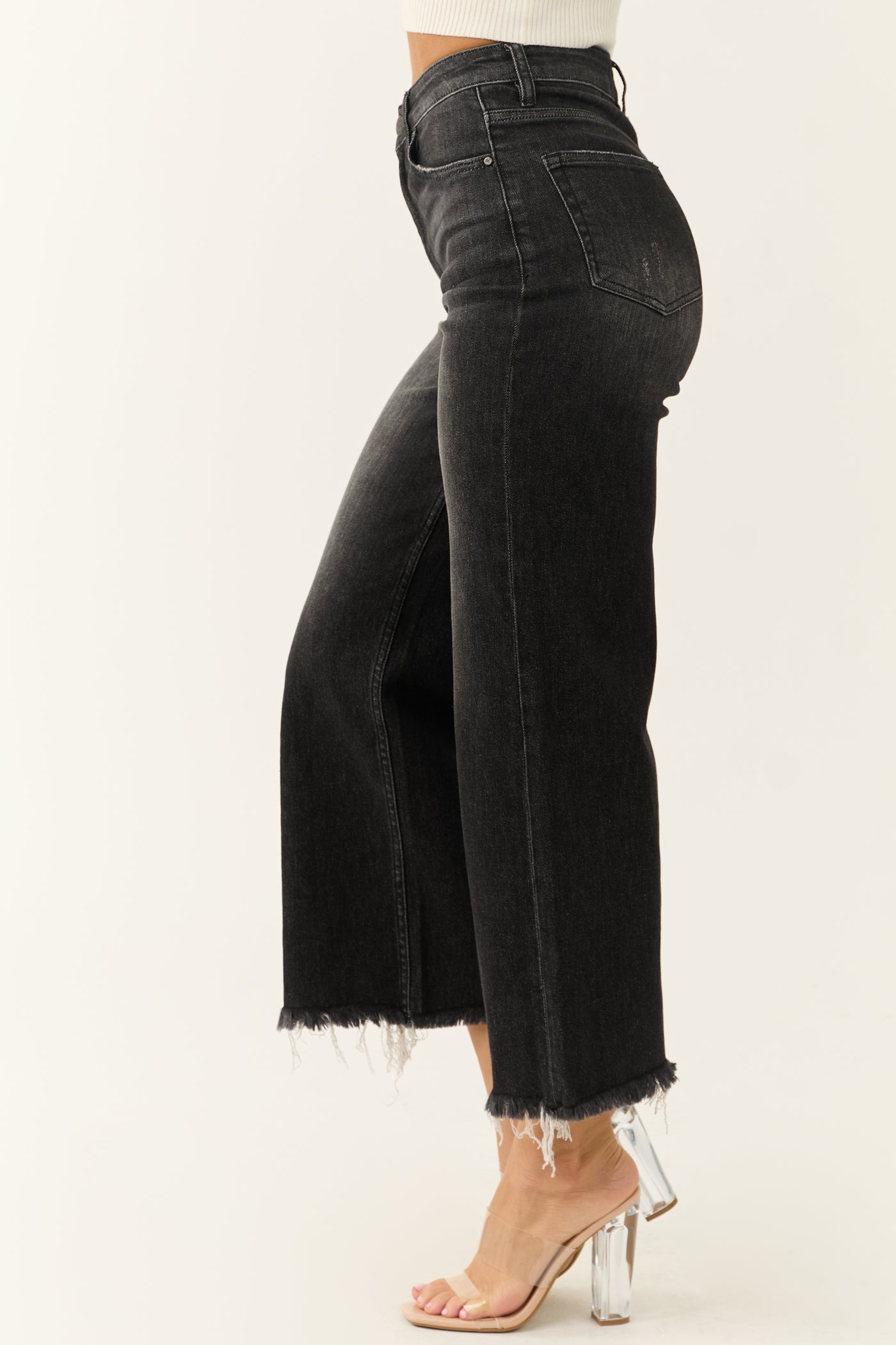 Risen Black Wide Leg Frayed Hem Cropped Jeans