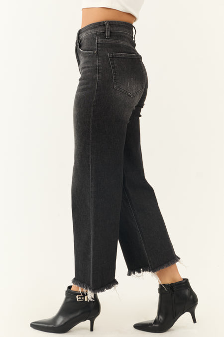 Risen Black Wide Leg Frayed Hem Cropped Jeans