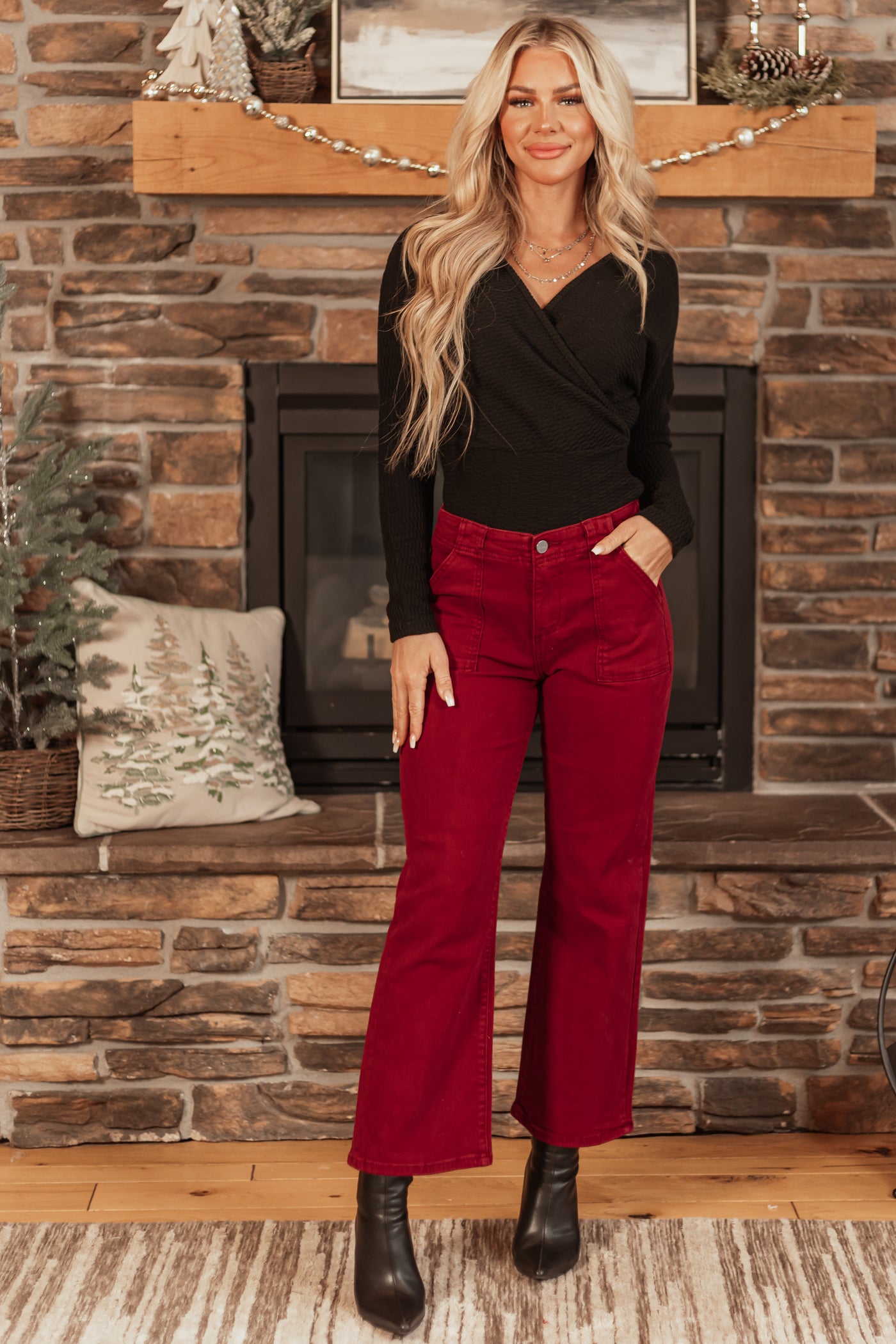 Risen Burgundy Patch Pocket Straight Ankle Jeans