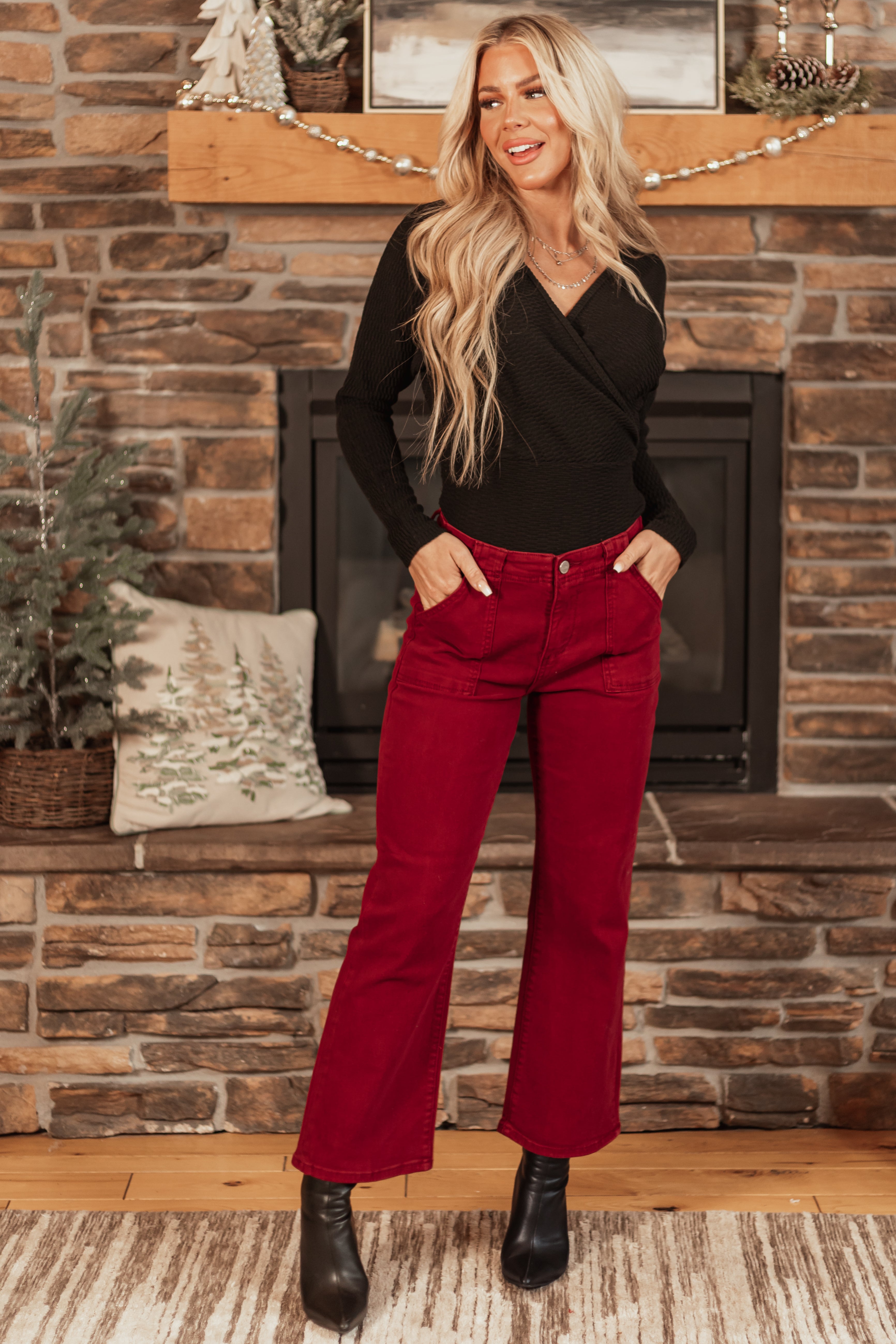 Risen Burgundy Patch Pocket Straight Ankle Jeans