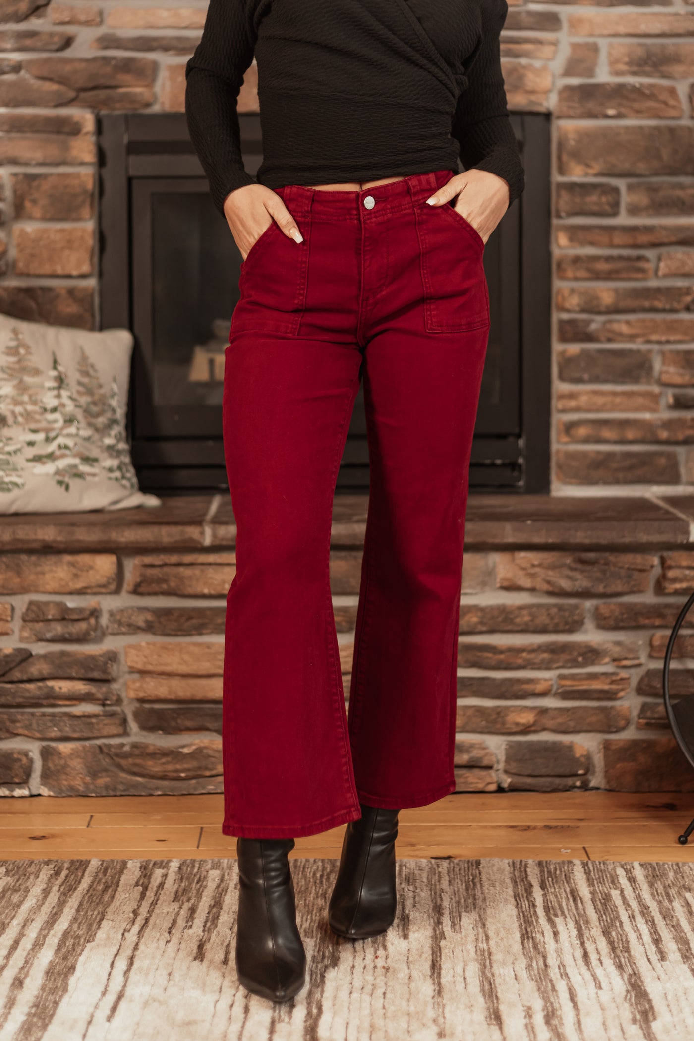 Risen Burgundy Patch Pocket Straight Ankle Jeans