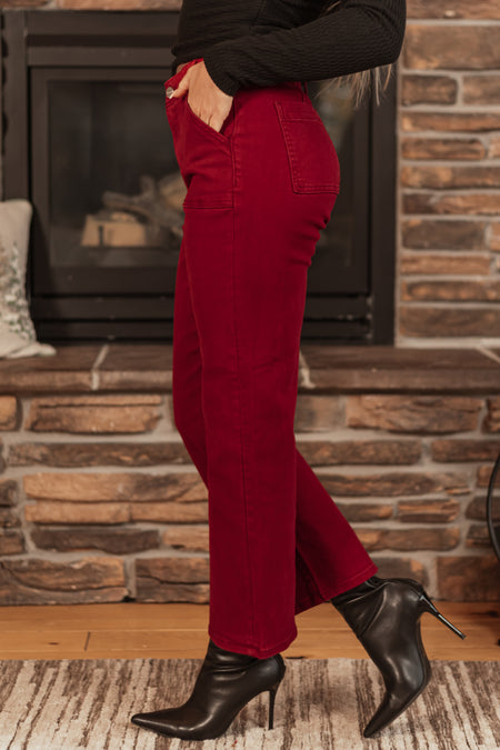 Risen Burgundy Patch Pocket Straight Ankle Jeans