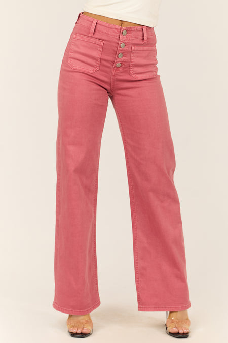 Risen Dark Coral Patch Pocket Wide Leg Jeans