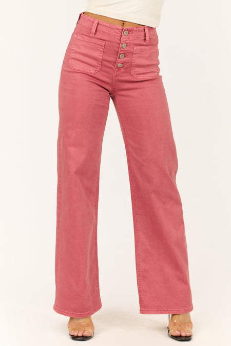 Risen Dark Coral Patch Pocket Wide Leg Jeans