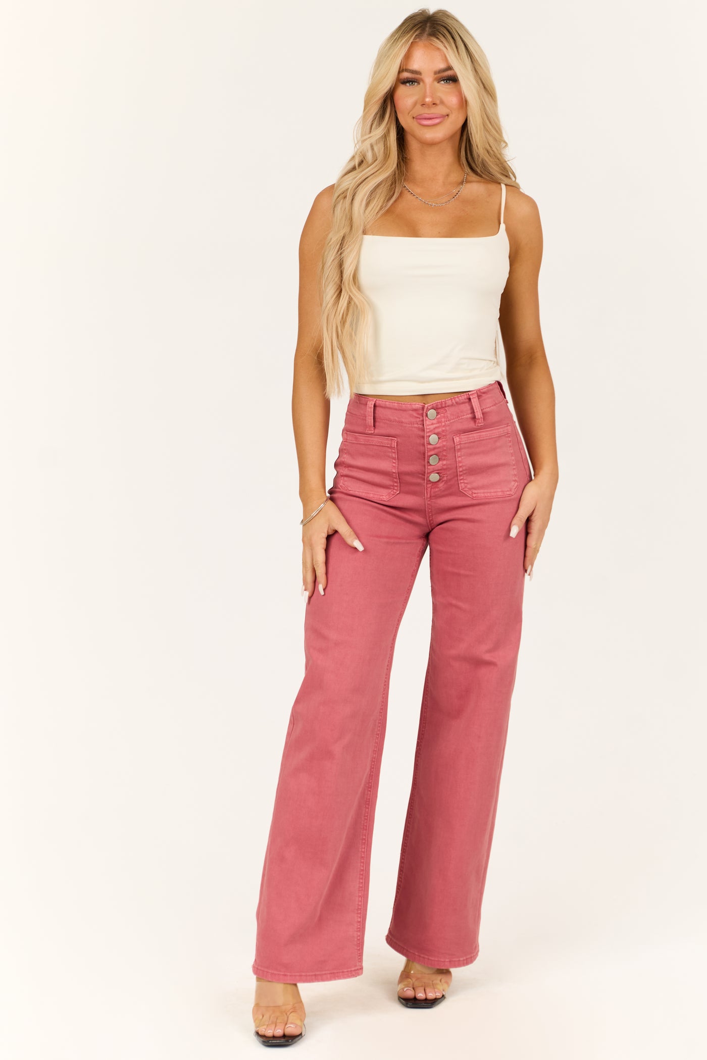 Risen Dark Coral Patch Pocket Wide Leg Jeans