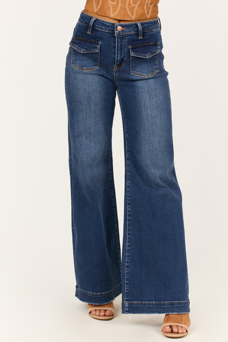 Risen Dark Wash Front Patch Pocket Wide Leg Jeans