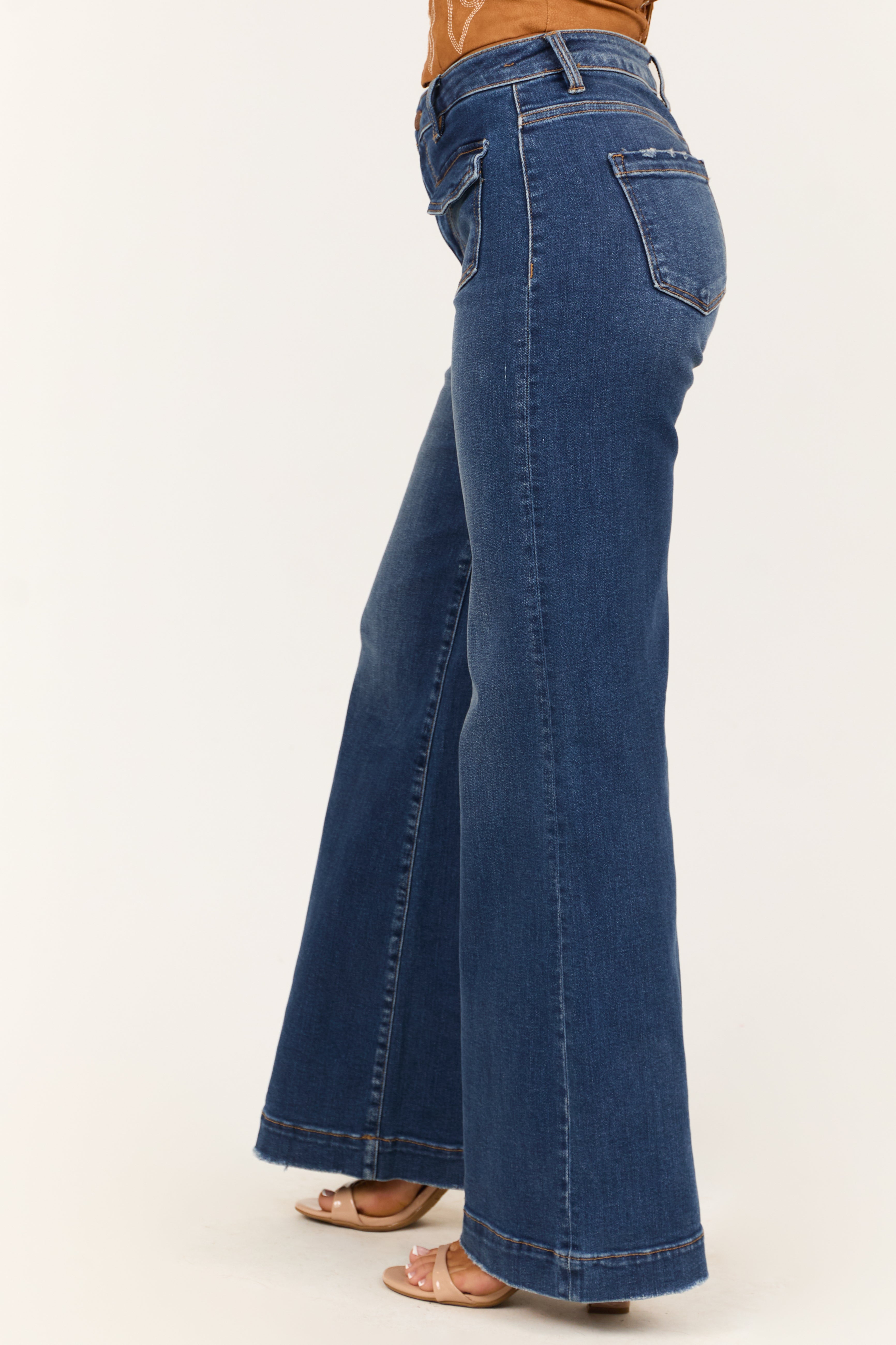 Risen Dark Wash Front Patch Pocket Wide Leg Jeans