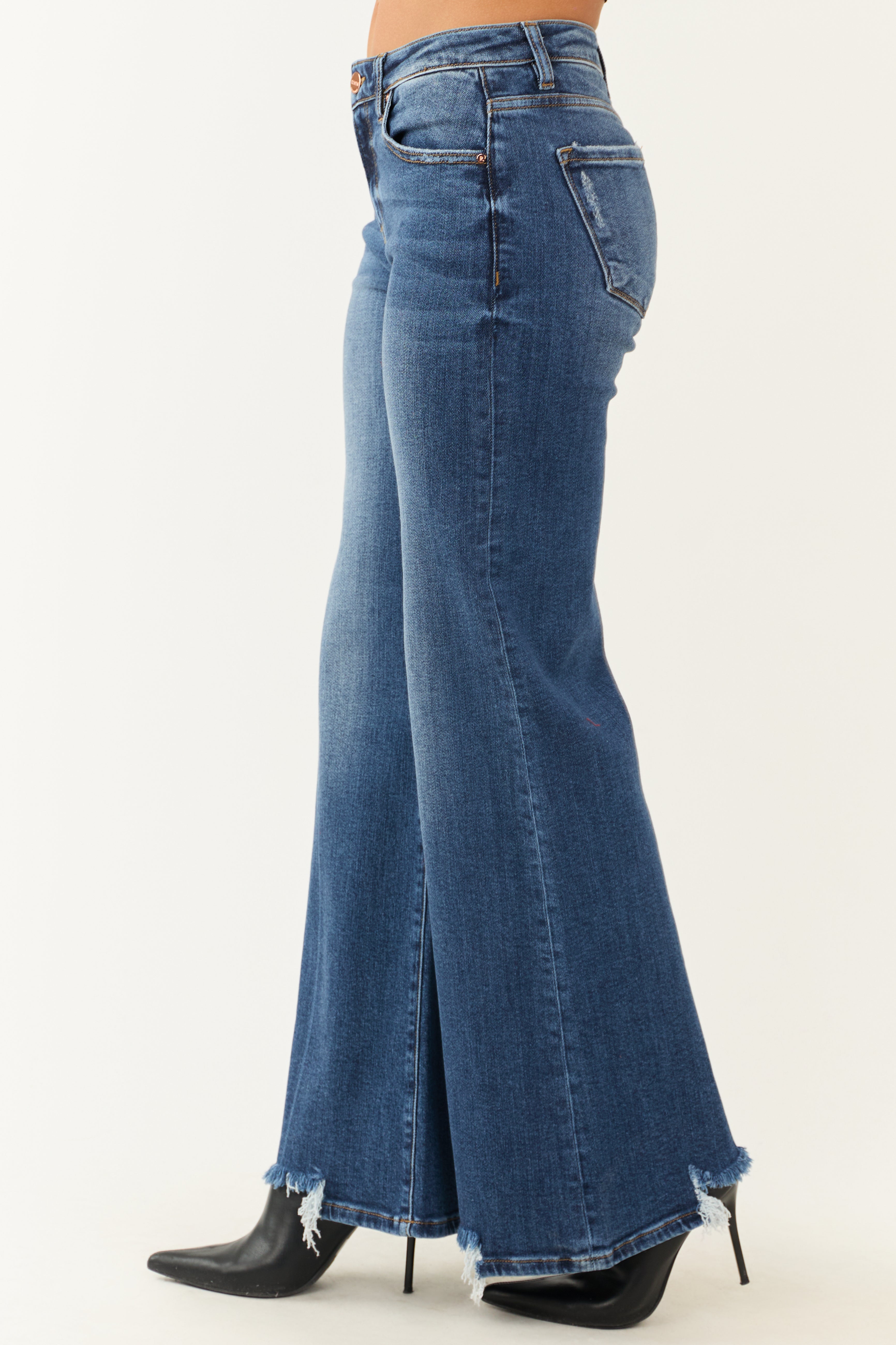 Risen Dark Wash High Rise Wide Flare Leg Jeans