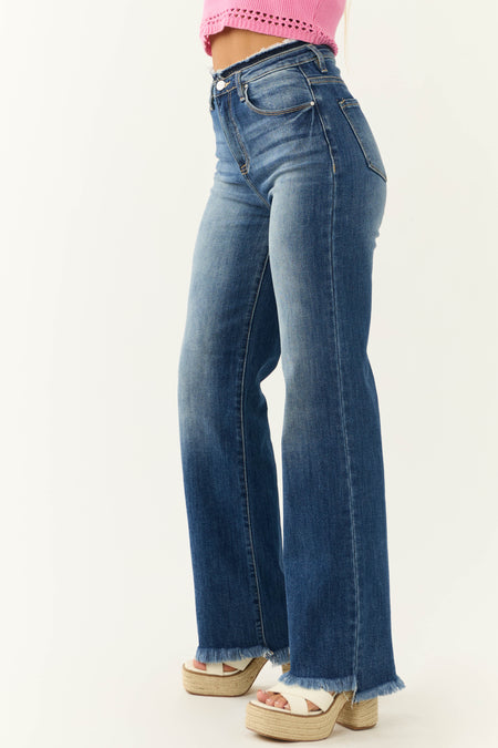 Risen Dark Wash High Rise Wide Leg Frayed Jeans