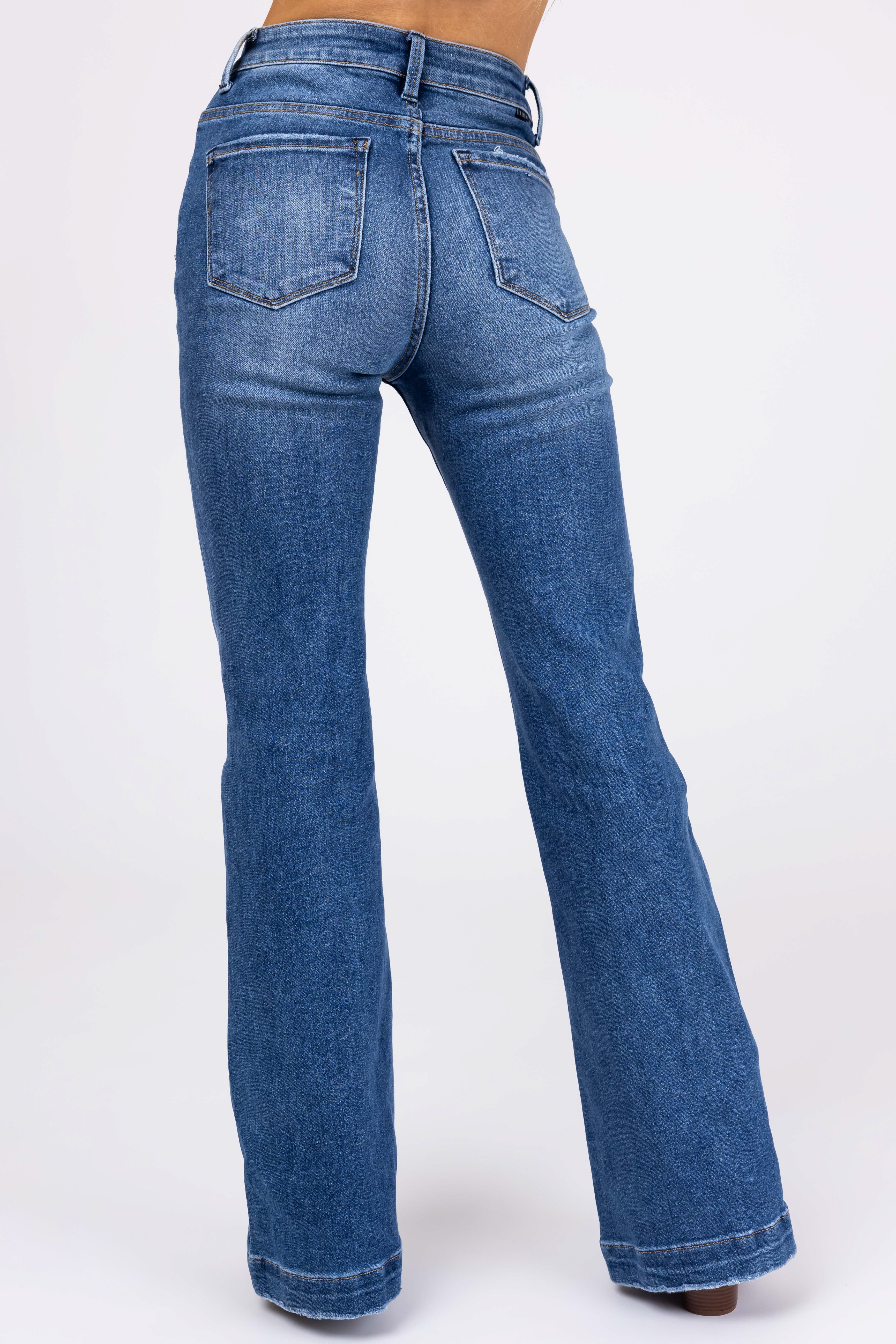 Risen Dark Wash Patched Pocket Flare Leg Jeans